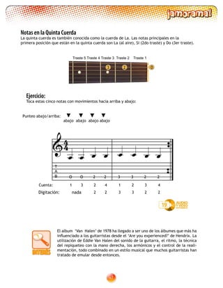 47
Notas en la Quinta Cuerda
La quinta cuerda es también conocida como la cuerda de La. Las notas principales en la
primera posición que están en la quinta cuerda son La (al aire), Si (2do traste) y Do (3er traste).
2 03
19
El album ‘Van Halen’ de 1978 ha llegado a ser uno de los álbumes que más ha
influenciado a los guitarristas desde el ‘Are you experienced?’ de Hendrix. La
utilización de Eddie Van Halen del sonido de la guitarra, el ritmo, la técnica
del repiqueteo con la mano derecha, los armónicos y el control de la reali-
mentación, todo combinado en un estilo musical que muchos guitarristas han
tratado de emular desde entonces.
Ejercicio:
Toca estas cinco notas con movimientos hacia arriba y abajo:
2 23 3
1 2 43 1 2 43
2 2
T
A
B 2 23 3O 2 2O

     
44
Punteo abajo/arriba:
abajo abajo abajo abajo
Traste 5 Traste 4 Traste 3 Traste 2 Traste 1
Digitación: nada
Cuenta:
 