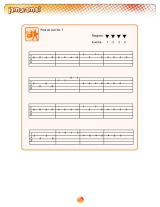 48
Pista de Jam No. 7
T
A
B
4 40 0 4 40 0
1
0
1
0 4 0 4 0
T
A
B
2 2
0 0
1
0
3
3
4 0 4 0 4 0 0
T
A
B
4 40 0 4 40 0
1
0
1
0 4 0 4 0
T
A
B
2 2
0 0
1 10 3
4 0 4 0 4 0 0
Rasgueo:
Cuenta: 1 2 3 4
 