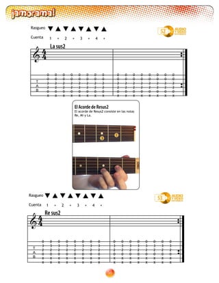 90
El Acorde de Resus2
El acorde de Resus2 consiste en las notas
Re, Mi y La.
3
1
52
1 2 3 4+ +++
53
T
A
B

La sus2
1 2 3 4+ +++
0
0
2
2
0
X
0
0
2
2
0
X
0
0
2
2
0
X
0
0
2
2
0
X
0
0
2
2
0
X
0
0
2
2
0
X
0
0
2
2
0
X
0
0
2
2
0
X
0
0
2
2
0
X
0
0
2
2
0
X
0
0
2
2
0
X
0
0
2
2
0
X
0
0
2
2
0
X
0
0
2
2
0
X
0
0
2
2
0
X
0
0
2
2
0
X
44
T
A
B

Re sus2
0
3
2
0
X
X
0
3
2
0
X
X
0
3
2
0
X
X
0
3
2
0
X
X
0
3
2
0
X
X
0
3
2
0
X
X
0
3
2
0
X
X
0
3
2
0
X
X
0
3
2
0
X
X
0
3
2
0
X
X
0
3
2
0
X
X
0
3
2
0
X
X
0
3
2
0
X
X
0
3
2
0
X
X
0
3
2
0
X
X
0
3
2
0
X
X
44
Rasgueo
Cuenta
Rasgueo
Cuenta
 