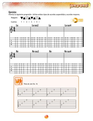 91
Pista de Jam No. 16
T
A
B 0
2
2
2
0
2
2
0
0
2
2
2
0
2
2
3
T
A
B
0
2
3
2
0
2
3
0
0
2
3
2
0
2
3
3
Ejercicio:
Intenta la siguiente progresión. Utiliza ambos tipos de acordes suspendidos y acordes mayores.

54
T
A
B
Re Re sus2 Re Re sus4
2
3
2
0
X
X
2
3
2
0
X
X
2
3
2
0
X
X
2
3
2
0
X
X
2
3
2
0
X
X
2
3
2
0
X
X
0
3
2
0
X
X
0
3
2
0
X
X
0
3
2
0
X
X
0
3
2
0
X
X
0
3
2
0
X
X
0
3
2
0
X
X
2
3
2
0
X
X
2
3
2
0
X
X
2
3
2
0
X
X
2
3
2
0
X
X
2
3
2
0
X
X
2
3
2
0
X
X
3
3
2
0
X
X
3
3
2
0
X
X
3
3
2
0
X
X
3
3
2
0
X
X
3
3
2
0
X
X
3
3
2
0
X
X
Rasgueo:
Cuenta: 1 + 2 + 3 + 4 +

T
A
B
La La sus2 La La sus4
0
2
2
2
0
X
0
2
2
2
0
X
0
2
2
2
0
X
0
2
2
2
0
X
0
2
2
2
0
X
0
2
2
2
0
X
0
2
2
2
0
X
0
2
2
2
0
X
0
2
2
2
0
X
0
2
2
2
0
X
0
2
2
2
0
X
0
2
2
2
0
X
0
0
2
2
0
X
0
0
2
2
0
X
0
0
2
2
0
X
0
0
2
2
0
X
0
0
2
2
0
X
0
0
2
2
0
X
0
3
2
2
0
X
0
3
2
2
0
X
0
3
2
2
0
X
0
3
2
2
0
X
0
3
2
2
0
X
0
3
2
2
0
X
44
44
 