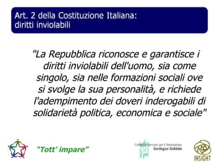 "La Repubblica riconosce e garantisce i diritti inviolabili dell'uomo, sia come singolo, sia nelle formazioni sociali ove si svolge la sua personalità, e richiede l'adempimento dei doveri inderogabili di solidarietà politica, economica e sociale" 