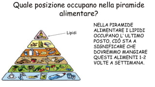 NELLA PIRAMIDE
ALIMENTARE I LIPIDI
OCCUPANO L’ ULTIMO
POSTO, CIÒ STA A
SIGNIFICARE CHE
DOVREMMO MANGIARE
QUESTI ALIMENTI 1-2
VOLTE A SETTIMANA.
Lipidi
 