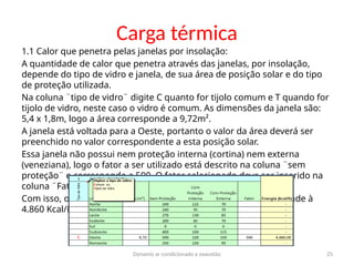 Dynamis ar condicionado e exaustão 25
Carga térmica
1.1 Calor que penetra pelas janelas por insolação:
A quantidade de calor que penetra através das janelas, por insolação,
depende do tipo de vidro e janela, de sua área de posição solar e do tipo
de proteção utilizada.
Na coluna ¨tipo de vidro¨ digite C quanto for tijolo comum e T quando for
tijolo de vidro, neste caso o vidro é comum. As dimensões da janela são:
5,4 x 1,8m, logo a área corresponde a 9,72m².
A janela está voltada para a Oeste, portanto o valor da área deverá ser
preenchido no valor correspondente a esta posição solar.
Essa janela não possui nem proteção interna (cortina) nem externa
(veneziana), logo o fator a ser utilizado está descrito na coluna ¨sem
proteção¨ e corresponde a 500. O fator selecionado deve ser inserido na
coluna ¨Fator¨.
Com isso, o valor de energia calculado por essa parcela corresponde à
4.860 Kcal/H.
 