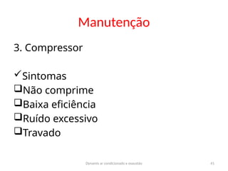 Dynamis ar condicionado e exaustão 41
Manutenção
3. Compressor
Sintomas
Não comprime
Baixa eficiência
Ruído excessivo
Travado
 