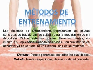 Los sistemas de entrenamiento representan las pautas
concretas de trabajo que se utilizan para la preparación de un
deportista. Dichos sistemas buscan diferentes pautas, en
cuanto a su aplicación. Cuando se aplica a una cualidad física
concreta, ya no se trata de un sistema, sino de un Método:
Sistema: Pautas generales, de todas las cualidades.
Método: Pautas específicas, de una cualidad concreta.
 