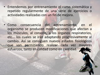 • Entendemos por entrenamiento el curso sistemática y
repetido regularmente de una serie de ejercicios o
actividades realizadas con un fin de mejora.
• Como consecuencia del entrenamiento, en el
organismo se producen modificaciones que afectan a
los músculos, al corazón, a los órganos respiratorios,
etc... los cuales se irán adaptando progresivamente al
cambio. Así se consiguen nuevos estados fisiológicos
que van permitiendo realizar cada vez mayores
esfuerzos, tanto en calidad como en cantidad.
 