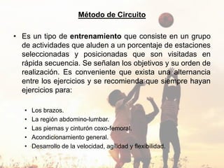 Método de Circuito
• Es un tipo de entrenamiento que consiste en un grupo
de actividades que aluden a un porcentaje de estaciones
seleccionadas y posicionadas que son visitadas en
rápida secuencia. Se señalan los objetivos y su orden de
realización. Es conveniente que exista una alternancia
entre los ejercicios y se recomienda que siempre hayan
ejercicios para:
• Los brazos.
• La región abdomino-lumbar.
• Las piernas y cinturón coxo-femoral.
• Acondicionamiento general.
• Desarrollo de la velocidad, agilidad y flexibilidad.
 