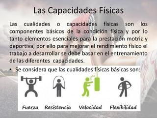 Las Capacidades Físicas
Las cualidades o capacidades físicas son los
componentes básicos de la condición física y por lo
tanto elementos esenciales para la prestación motriz y
deportiva, por ello para mejorar el rendimiento físico el
trabajo a desarrollar se debe basar en el entrenamiento
de las diferentes capacidades.
• Se considera que las cualidades físicas básicas son:
 