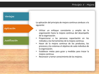 Ventajas
Aplicación
Justificación
Principio 5 : Mejora
La aplicación del principio de mejora continua conduce a lo
siguiente:
• Utilizar un enfoque consistente y amplio de la
organización hacia la mejora continua del desempeño
de la organización.
• Proporcionar a las personas capacitación en los
métodos y las herramientas de la mejora continua.
• Hacer de la mejora continua de los productos, los
procesos y los sistemas el objetivo de cada individuo de
la organización.
• Establecer metas para guiar y medidas para trazar la
mejora continua.
• Reconocer y tomar conocimiento de las mejoras.
 