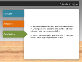 Ventajas
Aplicación
Justificación
Principio 5 : Mejora
La mejora es indispensable para mantener el rendimiento
de una organización, reaccionar a los cambios internos y
externos y crear nuevas oportunidades.
La mejora del desempeño global de una organización
debería ser un objetivo permanente de ésta.
 