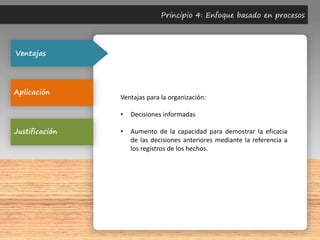 Ventajas
Aplicación
Justificación
Principio 4: Enfoque basado en procesos
Ventajas para la organización:
• Decisiones informadas
• Aumento de la capacidad para demostrar la eficacia
de las decisiones anteriores mediante la referencia a
los registros de los hechos.
 