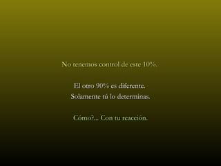 No tenemos control de este 10%.

   El otro 90% es diferente.
  Solamente tú lo determinas.

   Cómo?... Con tu reacción.
 