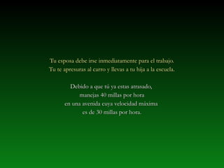Tu esposa debe irse inmediatamente para el trabajo.Tu esposa debe irse inmediatamente para el trabajo.
Tu te apresuras al carro y llevas a tu hija a la escuela.Tu te apresuras al carro y llevas a tu hija a la escuela.
Debido a que tú ya estas atrasado,Debido a que tú ya estas atrasado,
manejas 40 millas por horamanejas 40 millas por hora
en una avenida cuya velocidad máximaen una avenida cuya velocidad máxima
es de 30 millas por hora.es de 30 millas por hora.
 