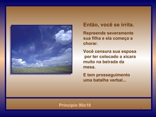 Então, você se irrita.  Repreende severamente sua filha e ela começa a chorar. Você censura sua esposa  por ter colocado a xícara muito na beirada da mesa. E tem prosseguimento uma batalha verbal...   . 