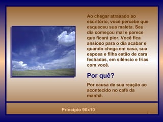 Ao chegar atrasado ao escritório, você percebe que esqueceu sua maleta. Seu dia começou mal e parece que ficará pior. Você fica ansioso para o dia acabar e quando chega em casa, sua esposa e filha estão de cara fechadas, em silêncio e frias com você.  Por quê? Por causa de sua reação ao acontecido no café da manhã.  . 
