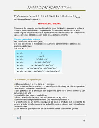 PROBABILIDAD Y ESTADISTICAS


                                                                        pero
también podría ser lo contrario.

                            TEOREMA DEL BINOMIO

El teorema del binomio, también llamado binomio de Newton, expresa la enésima
potencia de un binomio como un polinomio. El desarrollo del binomio (a + b)n
posee singular importancia ya que aparece con mucha frecuencia en Matemáticas
y posee diversas aplicaciones en otras áreas del conocimiento.

Fórmula general del binomio
Sea un binomio de la forma (a +b).
Si a este binomio se le multiplica sucesivamente por si mismo se obtienen las
siguientes potencias:
(a + b) = a + b 1




De lo anterior, se aprecia que:

a) El desarrollo de n (a + b) tiene n +1 términos
b) Las potencias de a empiezan con n en el primer término y van disminuyendo en
cada término, hasta cero en el último
c) Las potencias de b empiezan con exponente cero en el primer término y van
aumentando en uno
con cada término, hasta n en el último.
d) Para cada término la suma de los exponentes de a y b es n .
e) El coeficiente del primer término es uno y el del segundo es n .
f) El coeficiente de un término cualquiera es igual al producto del coeficiente del
término anterior por el exponente de a dividido entre el número que indica el orden
de ese término.
g) Los términos que equidistan de los extremos tienen coeficientes iguales.



   12
                                                                                its
 