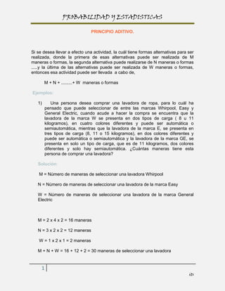 PROBABILIDAD Y ESTADISTICAS

                                PRINCIPIO ADITIVO.



Si se desea llevar a efecto una actividad, la cuál tiene formas alternativas para ser
realizada, donde la primera de esas alternativas puede ser realizada de M
maneras o formas, la segunda alternativa puede realizarse de N maneras o formas
.....y la última de las alternativas puede ser realizada de W maneras o formas,
entonces esa actividad puede ser llevada a cabo de,

        M + N + .........+ W maneras o formas

Ejemplos:

   1)       Una persona desea comprar una lavadora de ropa, para lo cuál ha
        pensado que puede seleccionar de entre las marcas Whirpool, Easy y
        General Electric, cuando acude a hacer la compra se encuentra que la
        lavadora de la marca W se presenta en dos tipos de carga ( 8 u 11
        kilogramos), en cuatro colores diferentes y puede ser automática o
        semiautomática, mientras que la lavadora de la marca E, se presenta en
        tres tipos de carga (8, 11 o 15 kilogramos), en dos colores diferentes y
        puede ser automática o semiautomática y la lavadora de la marca GE, se
        presenta en solo un tipo de carga, que es de 11 kilogramos, dos colores
        diferentes y solo hay semiautomática. ¿Cuántas maneras tiene esta
        persona de comprar una lavadora?

   Solución:

    M = Número de maneras de seleccionar una lavadora Whirpool

   N = Número de maneras de seleccionar una lavadora de la marca Easy

   W = Número de maneras de seleccionar una lavadora de la marca General
   Electric



   M = 2 x 4 x 2 = 16 maneras

   N = 3 x 2 x 2 = 12 maneras

    W = 1 x 2 x 1 = 2 maneras

   M + N + W = 16 + 12 + 2 = 30 maneras de seleccionar una lavadora


     1
                                                                                  its
 