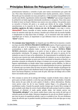 Principios Básicos De Peluquería Canina 2011
       prácticamente bañarlos y cortarles el pelo ante tantos movimientos por parte del
       can. Para estas situaciones se recomienda tener mucha paciencia, amor y ternura.
       Recuerda que los animales son muy perceptivos y si les trasmites tranquilidad serán
       mucho más dóciles. Igualmente existen mascotas “difíciles” que aunque tengamos
       la actitud de un buda seguirán intentando mordernos o escaparse. Para estos casos
       lo ideal es tener un bozal o fabricar uno casero con una corbata. Con presión suave
       se envuelve el hocico del perro y se anuda por detrás de las orejas. También
       necesitaremos en la mayoría de los casos de un collar universal (collar con
       muchos agujeros de más o menos 50 cm. de largo) y una soga o correa.
       Atención!! Parece increíble al inicio muchas personas comenten el error de
       tratar de meterles todo tipo de correas y bozales que al final solo da mucho fastidio
       o simplemente no deja hacer bien el trabajo , no es necesario todo este medio de
       seguridad que se busca ,lo importante es que debemos tener en cuenta donde se
       “atara” al perro.

      Un consejo muy importante: no importa que tan difícil sea la mascota o cuanto
       nos haya mordido NUNCA PEGAR O CASTIGAR al perro. El perro generara una
       actitud aun peor si lo regañamos y ni hablar si se le pega. En muchos lugares
       acostumbran a darle sedantes tanto a perros como a gatos. NUNCA PERO
       NUNCA administres sedantes a un perro ni tuyo ni ajeno a no ser que tenga
       prescripción veterinaria. Ni aunque el propio dueño del perro te provea de los
       sedantes no seas tú el que se los administres. Es impresionante la cantidad de casos
       de perros que mueren por mala administración de sedantes ya sea en dosis bajas o
       altas. Si no puedes manejar un perro por favor coméntale la situación al dueño y no
       procedas a ponerte en situación de riesgo a ti mismo con un perro agresivo. Existen
       lugares especializados en donde saben cómo manipular perros difíciles. La idea es
       que proveas un servicio de peluquería no de adiestramientos de perros. Igualmente
       te comento que con tantos años de tener mi perro y llevarle siempre al peluquero he
       visto que desde el perro más obediente hasta el más agresivo siempre lo han llegado
       hacer una buena limpieza y un buen corte de pelo. Este tipo de trabajo solo se debe
       hacer con mucho amor, paciencia

      Otro consejo es acerca de la entrega del trabajo: cuando el dueño viene a dejar su
       perro para un baño sanitario o corte hay que advertidle de los resultados. Consulta
       bien acerca de que estilo de corte quiere el dueño y ofrece alternativas. Muchas
       veces perros como los de la raza Caniche suelen llegar a la peluquería con
       muchísimos nudos. Cuando ha pasado mucho tiempo que el perro lleva consigo el
       pelo anudado suele dejar de crecer el pelo debajo del nudo porque la piel no respira.
       Entonces: al eliminar el nudo queda pelado abajo. Así mismo perros con
       “dermatitis alérgica” a los ácaros suelen hacer como una costra de piel que al
       retirarla queda sin pelo abajo. Entonces imagínense la cara de un cliente cuando ve
       que trae un perro en apariencia peludo y que se va pelado al ras. No nos olvidemos
       nunca de advertir que se pueden suceder problemas como el de este tipo que es muy
       común.

Tu Libro Online                           Página                          Copyright © 2011
                                          26
 