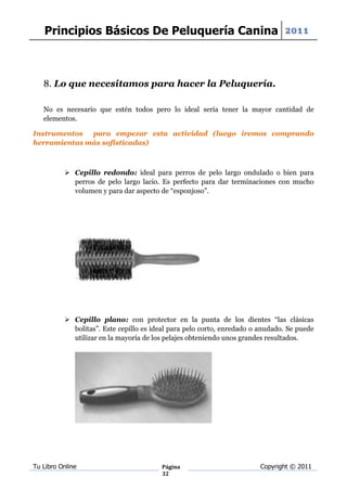 Principios Básicos De Peluquería Canina 2011



   8. Lo que necesitamos para hacer la Peluquería.

   No es necesario que estén todos pero lo ideal sería tener la mayor cantidad de
   elementos.

Instrumentos  para empezar esta actividad (luego iremos comprando
herramientas más sofisticadas)



           Cepillo redondo: ideal para perros de pelo largo ondulado o bien para
            perros de pelo largo lacio. Es perfecto para dar terminaciones con mucho
            volumen y para dar aspecto de “esponjoso”.




           Cepillo plano: con protector en la punta de los dientes “las clásicas
            bolitas”. Este cepillo es ideal para pelo corto, enredado o anudado. Se puede
            utilizar en la mayoría de los pelajes obteniendo unos grandes resultados.




Tu Libro Online                         Página                          Copyright © 2011
                                        32
 