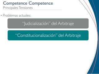 Competence Competence
 Principales Tensiones

• Problemas   actuales:

                “Judicialización” del Arbitraje

         “Constitucionalización” del Arbitraje
 