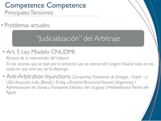 Competence Competence
 Principales Tensiones

• Problemas      actuales:

                    “Judicialización” del Arbitraje
• Art. 5   Ley Modelo CNUDMI:
  Alcance de la intervención del tribunal
  En los asuntos que se rijan por la presente Ley, no intervendrá ningún tribunal salvo en los
  casos en que esta Ley así lo disponga.
• Anti-Arbitration        Injunctions: Companhia Paranense de Energia - Copel - c/
  UEG Araucaria Ltda. (Brasil) / Eriday c/Entidad Binacional Yaciretá (Argentina) /
  Administración de Usinas y Transporte Eléctrico del Uruguay c/Hidroeléctrica Piedra del
  Águila
 