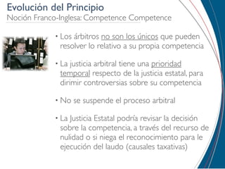 Evolución del Principio
Noción Franco-Inglesa: Competence Competence

            • Los árbitros no son los únicos que pueden
              resolver lo relativo a su propia competencia

            • La  justicia arbitral tiene una prioridad
              temporal respecto de la justicia estatal, para
              dirimir controversias sobre su competencia

            • No    se suspende el proceso arbitral

            • La Justicia Estatal podría revisar la decisión
              sobre la competencia, a través del recurso de
              nulidad o si niega el reconocimiento para le
              ejecución del laudo (causales taxativas)
 