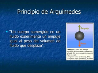 Principio de Arquímedes “ Un cuerpo sumergido en un fluido experimenta un empuje igual al peso del volumen de fluido que desplaza”. 