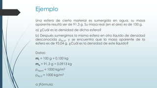 Ejemplo
Una esfera de cierto material es sumergida en agua, su masa
aparente resultó ser de 91.3 g. Su masa real (en el aire) es de 100 g.
a) ¿Cuál es la densidad de dicha esfera?
b) Después sumergimos la misma esfera en otro líquido de densidad
desconocida ρliq.d, y se encuentra que la masa aparente de la
esfera es de 93.04 g. ¿Cuál es la densidad de este líquido?
Datos:
mr = 100 g = 0.100 kg
ma = 91.3 g = 0.0913 kg
ρagua = 1000 kg/m3
ρliq.d = 1000 kg/m3
a )Fórmula:
 