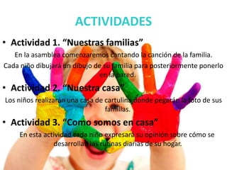 ACTIVIDADES
• Actividad 1. “Nuestras familias”
En la asamblea comenzaremos cantando la canción de la familia.
Cada niño dibujará un dibujo de su familia para posteriormente ponerlo
en la pared.
• Actividad 2. “Nuestra casa”
Los niños realizarán una casa de cartulina donde pegarán la foto de sus
familias.
• Actividad 3. “Como somos en casa”
En esta actividad cada niño expresará su opinión sobre cómo se
desarrollan las rutinas diarias de su hogar.
 