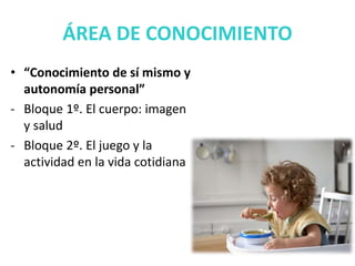 ÁREA DE CONOCIMIENTO
• “Conocimiento de sí mismo y
autonomía personal”
- Bloque 1º. El cuerpo: imagen
y salud
- Bloque 2º. El juego y la
actividad en la vida cotidiana
 
