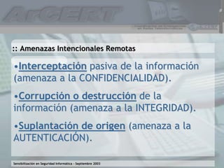 Sensibilización en Seguridad Informática – Septiembre 2003
•Interceptación pasiva de la información
(amenaza a la CONFIDENCIALIDAD).
•Corrupción o destrucción de la
información (amenaza a la INTEGRIDAD).
•Suplantación de origen (amenaza a la
AUTENTICACIÓN).
:: Amenazas Intencionales Remotas
 