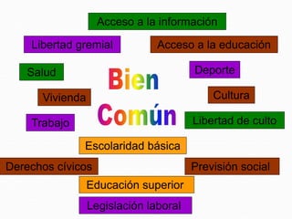 Libertad gremial
Acceso a la información
Libertad de culto
Acceso a la educación
Salud Deporte
Cultura
Escolaridad básica
Educación superior
Derechos cívicos
Trabajo
Vivienda
Previsión social
Legislación laboral
 