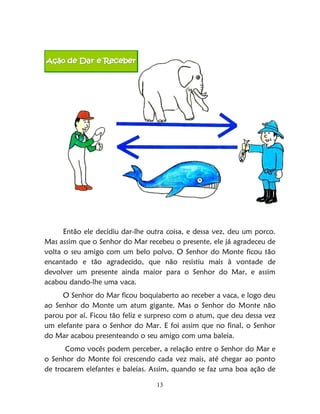 13
Então ele decidiu dar-lhe outra coisa, e dessa vez, deu um porco.
Mas assim que o Senhor do Mar recebeu o presente, ele já agradeceu de
volta o seu amigo com um belo polvo. O Senhor do Monte ficou tão
encantado e tão agradecido, que não resistiu mais à vontade de
devolver um presente ainda maior para o Senhor do Mar, e assim
acabou dando-lhe uma vaca.
O Senhor do Mar ficou boquiaberto ao receber a vaca, e logo deu
ao Senhor do Monte um atum gigante. Mas o Senhor do Monte não
parou por aí. Ficou tão feliz e surpreso com o atum, que deu dessa vez
um elefante para o Senhor do Mar. E foi assim que no final, o Senhor
do Mar acabou presenteando o seu amigo com uma baleia.
Como vocês podem perceber, a relação entre o Senhor do Mar e
o Senhor do Monte foi crescendo cada vez mais, até chegar ao ponto
de trocarem elefantes e baleias. Assim, quando se faz uma boa ação de
 