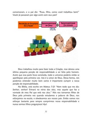 32
comemoram, e o pai diz: “Puxa, filho, como você trabalhou bem!”
Vocês já passaram por algo assim com seus pais?
Perfeição do Propósito
da Criação
Responsabilidade
de Deus
Responsabilidade
Do Homem
Boneco de Neve
Pirâmide
de Blocos
Deus trabalhou muito para fazer toda a Criação, mas deixou uma
última pequena porção de responsabilidade a ser feita pelo homem.
Assim que essa parte fosse concluída, todo o universo poderia então se
aperfeiçoar pela primeira vez. Isto é o amor de Deus. Dessa forma, nós
podemos entender muito bem como é importante cumprir a nossa
porção de responsabilidade.
Na Bíblia, está escrito em Mateus 7:21 “Nem todo que me diz:
Senhor, senhor! Entrará no reino dos céus, mas aquele que faz a
vontade de meu Pai que está nos céus.” Nós nos tornamos filhos de
Deus pela primeira vez quando estudamos a palavra de Deus, nos
esforçamos na escola, e obedecemos aos nossos pais. Então vamos nos
esforçar bastante para sempre cumprirmos nossa responsabilidade e
nunca sermos filhos preguiçosos! Aju!
 