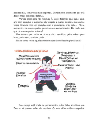 56
pessoas más, sempre há maus espíritos. E finalmente, quem está por trás
desses maus espíritos é Satanás.
Vamos olhar para nós mesmos. Às vezes fazemos boas ações com
um bom coração, e podemos dar alegria a muitas pessoas, mas outras
vezes, ficamos com um coração ruim e cometemos más ações. Nesse
momento, os maus espíritos penetram em nosso interior. De onde será
que os maus espíritos entram?
Eles entram por todos os nossos cinco sentidos: pelos olhos, pela
boca, pelo nariz, ouvidos, pele...
Então como serão aqueles meninos que são utilizados por Satanás?
Sua cabeça está cheia de pensamentos ruins. Não acreditam em
Deus e só querem saber de meninas. Os seus olhos estão estragados,
 