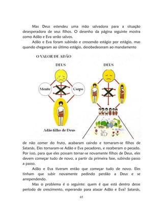 65
Mas Deus estendeu uma mão salvadora para a situação
desesperadora de seus filhos. O desenho da página seguinte mostra
como Adão e Eva serão salvos.
Adão e Eva foram subindo e crescendo estágio por estágio, mas
quando chegaram ao último estágio, desobedeceram ao mandamento
de não comer do fruto, acabaram caindo e tornaram-se filhos de
Satanás. Eles tornaram-se Adão e Eva pecadores, e receberam o pecado.
Por isso, para que eles possam tornar-se novamente filhos de Deus, eles
devem começar tudo de novo, a partir da primeira fase, subindo passo
a passo.
Adão e Eva tiveram então que começar tudo de novo. Eles
tinham que subir novamente pedindo perdão a Deus e se
arrependendo.
Mas o problema é o seguinte: quem é que está dentro desse
período de crescimento, esperando para atacar Adão e Eva? Satanás,
 