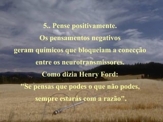 5.. Pense positivamente.
Os pensamentos negativos
geram químicos que bloqueiam a conecção
entre os neurotransmissores.
Como dizia Henry Ford:
"Se pensas que podes o que não podes,
sempre estarás com a razão".
 