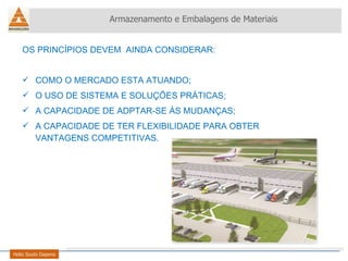 OS PRINCÍPIOS DEVEM  AINDA CONSIDERAR: COMO O MERCADO ESTA ATUANDO; O USO DE SISTEMA E SOLUÇÕES PRÁTICAS; A CAPACIDADE DE ADPTAR-SE ÀS MUDANÇAS; A CAPACIDADE DE TER FLEXIBILIDADE PARA OBTER VANTAGENS COMPETITIVAS.  Armazenamento e Embalagens de Materiais Helio Souto Dapena 