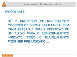 IMPORTANTE: SE O PROCESSO DE RECEBIMENTO OCORRER DE FORMA SIMULTÂNEA, SEM ORGANIZAÇÃO E SEM A DEFINIÇÃO DE UM FLUXO PARA O ARMAZENAMENTO IMEDIATO, TODO O PLANEJAMENTO PODE SER PREJUDICADO.... Armazenamento e Embalagens de Materiais Helio Souto Dapena 
