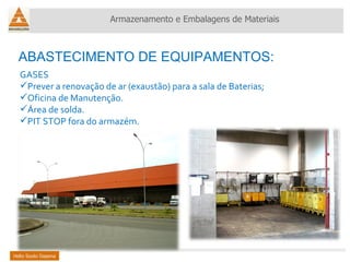 GASES Prever a renovação de ar (exaustão) para a sala de Baterias; Oficina de Manutenção. Área de solda.  PIT STOP fora do armazém. ABASTECIMENTO DE EQUIPAMENTOS: Helio Souto Dapena Armazenamento e Embalagens de Materiais 