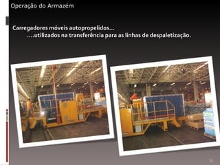 Carregadores móveis autopropelidos...  ....utilizados na transferência para as linhas de despaletização. Operação do Armazém 