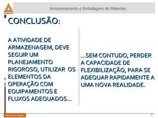 CONCLUSÃO: A ATIVIDADE DE ARMAZENAGEM, DEVE SEGUIR UM PLANEJAMENTO RIGOROSO, UTILIZAR  OS ELEMENTOS DA OPERAÇÃO COM EQUIPAMENTOS E FLUXOS ADEQUADOS...  ...SEM CONTUDO, PERDER A CAPACIDADE DE FLEXIBILIZAÇÃO, PARA SE ADEQUAR RAPIDAMENTE A UMA NOVA REALIDADE. Armazenamento e Embalagens de Materiais Helio Souto Dapena 