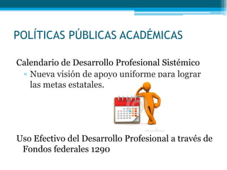 POLÍTICAS PÚBLICAS ACADÉMICAS
Calendario de Desarrollo Profesional Sistémico
▫ Nueva visión de apoyo uniforme para lograr
las metas estatales.
Uso Efectivo del Desarrollo Profesional a través de
Fondos federales 1290
 