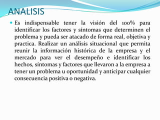 ANALISISEs indispensable tener la visión del 100% para identificar los factores y síntomas que determinen el problema y pueda ser atacado de forma real, objetiva y practica. Realizar un análisis situacional que permita reunir la información histórica de la empresa y el mercado para ver el desempeño e identificar los hechos, síntomas y factores que llevaron a la empresa a tener un problema u oportunidad y anticipar cualquier consecuencia positiva o negativa. 