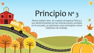 Principio Nº 3
María Isabel Cano en cuanto al espacio físico y
sus determinantes en las interacciones sociales
en la escuela, se plantean unos principios como
hipótesis de trabajo.
 