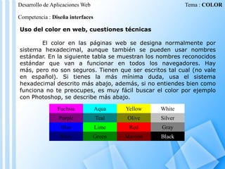 Desarrollo de Aplicaciones Web

Tema : COLOR

Competencia : Diseña interfaces
Uso del color en web, cuestiones técnicas
El color en las páginas web se designa normalmente por
sistema hexadecimal, aunque también se pueden usar nombres
estándar. En la siguiente tabla se muestran los nombres reconocidos
estándar que van a funcionar en todos los navegadores. Hay
más, pero no son seguros. Tienen que ser escritos tal cual (no vale
en español). Si tienes la más mínima duda, usa el sistema
hexadecimal descrito más abajo, además, si no entiendes bien como
funciona no te preocupes, es muy fácil buscar el color por ejemplo
con Photoshop, se describe más abajo.
Fuchsia

Aqua

Yellow

White

Purple

Teal

Olive

Silver

Blue

Lime

Red

Gray

Navy

Green

Maroon

Black

 