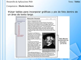 Desarrollo de Aplicaciones Web

Tema : Tablas

Competencia : Diseña interfaces

Usar tablas para incorporar gráficas y pie de foto dentro de
un área de texto largo.

 