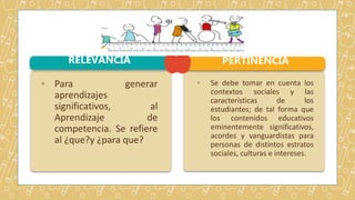 RELEVANCIA PERTINENCIA
◦ Para generar
aprendizajes
significativos, al
Aprendizaje de
competencia. Se refiere
al ¿que?y ¿para que?
◦ Se debe tomar en cuenta los
contextos sociales y las
características de los
estudiantes; de tal forma que
los contenidos educativos
eminentemente significativos,
acordes y vanguardistas para
personas de distintos estratos
sociales, culturas e intereses.
 