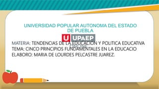 UNIVERSIDAD POPULAR AUTONOMA DEL ESTADO
DE PUEBLA
MATERIA: TENDENCIAS DE LA EDUCACION Y POLITICA EDUCATIVA
TEMA: CINCO PRINCIPIOS FUNDAMENTALES EN LA EDUCACIO
ELABORO: MARIA DE LOURDES PELCASTRE JUAREZ.
 