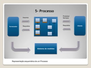 Cliente
Sistema de medidas
Insumos
Requisitos Requisitos
Produtos/
Serviços
Fornecedor
5- Processo
Representação esquemàtica de um Processo
 